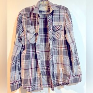 Grey and purple plaid shirt
